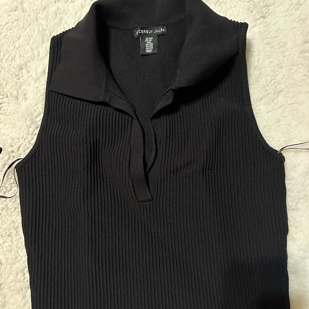 Sincerly Jules Black Ribbed Sleeveless Polo Top